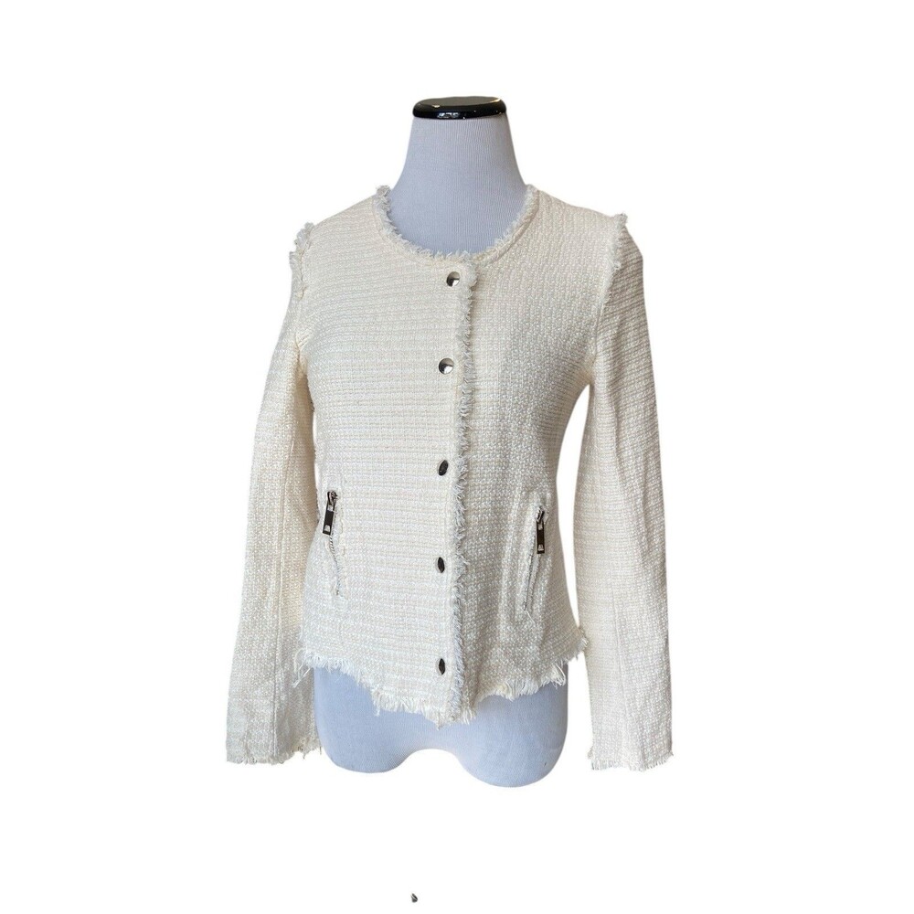 Womens Boucle Fringe Jacket Size M Ivory‎ Old Money Quiet Luxury Parisian Chic